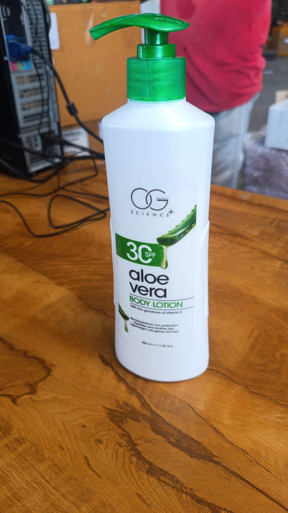 Wukusy Og Beauty Science Aloe Vera Body Lotion in 350ml bottle, featuring clear label and white pump dispenser for hydrating skincare.