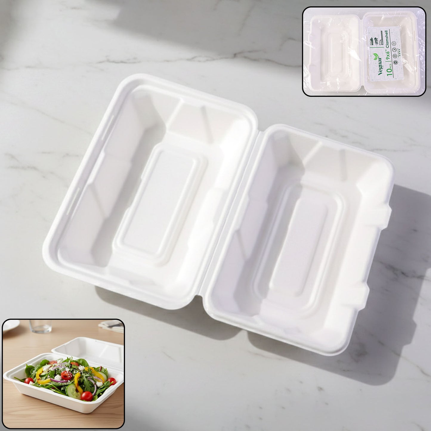 Wukusy Vegnar premium bagasse clamshell food box, 10-pack, 9x6 inch eco-friendly takeout containers with hinged lids.