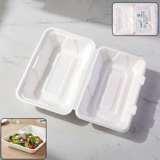 Wukusy Vegnar premium bagasse clamshell food box, 10-pack, 9x6 inch eco-friendly takeout containers with hinged lids.