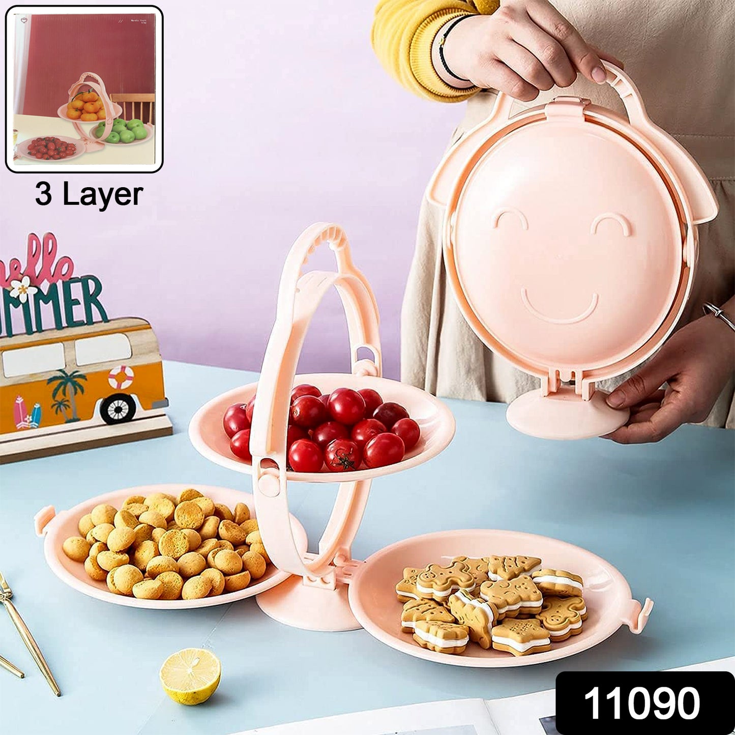 Wukusy 3-layer foldable snack and fruit serving stand with multiple tiers, perfect for desserts, snacks, and fruit display.