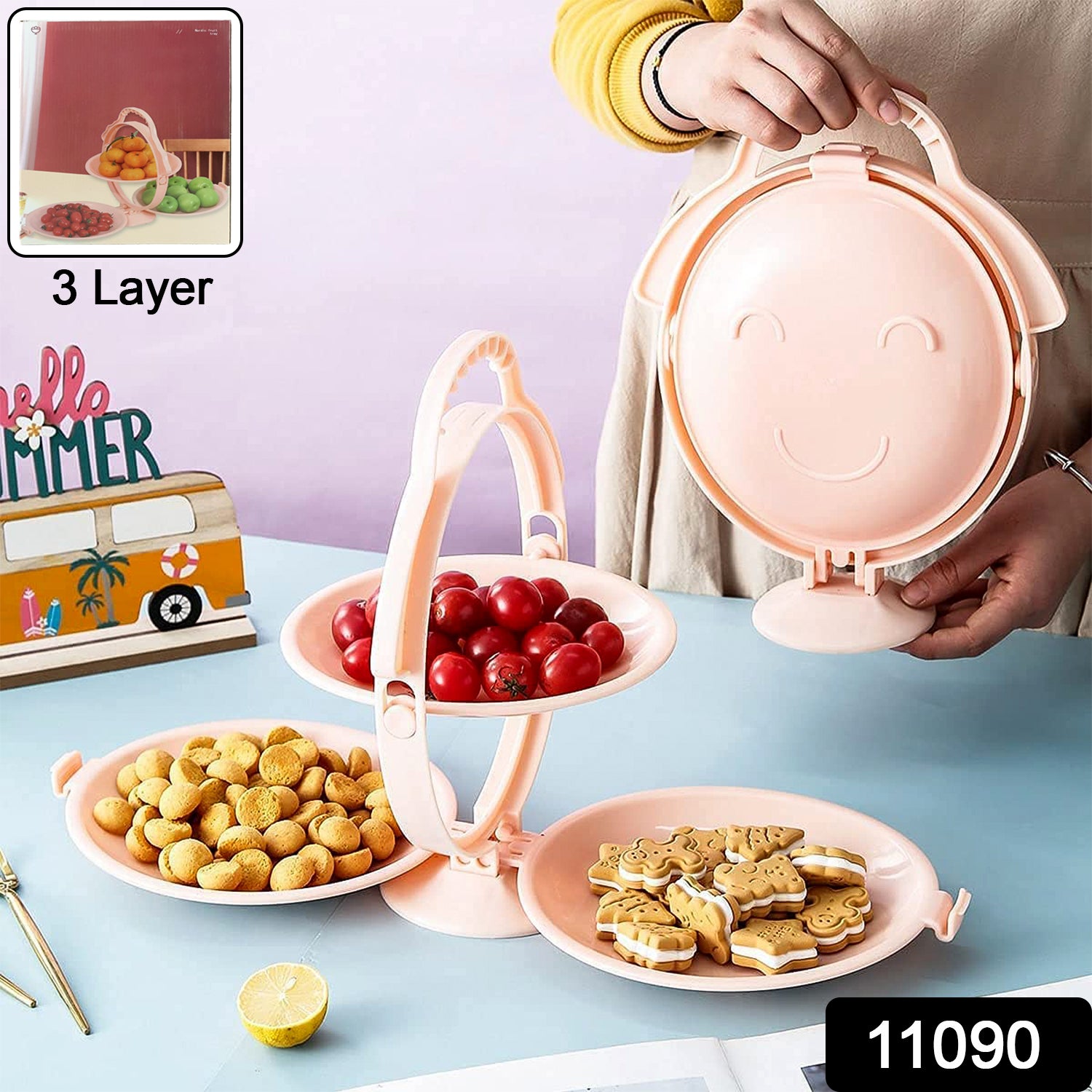 Wukusy 3-layer foldable snack and fruit serving stand with multiple tiers, perfect for desserts, snacks, and fruit display.