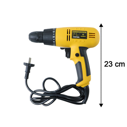 Wukusy high performance electric drill machine with 280W power, featuring a black and yellow body and a keyless chuck.