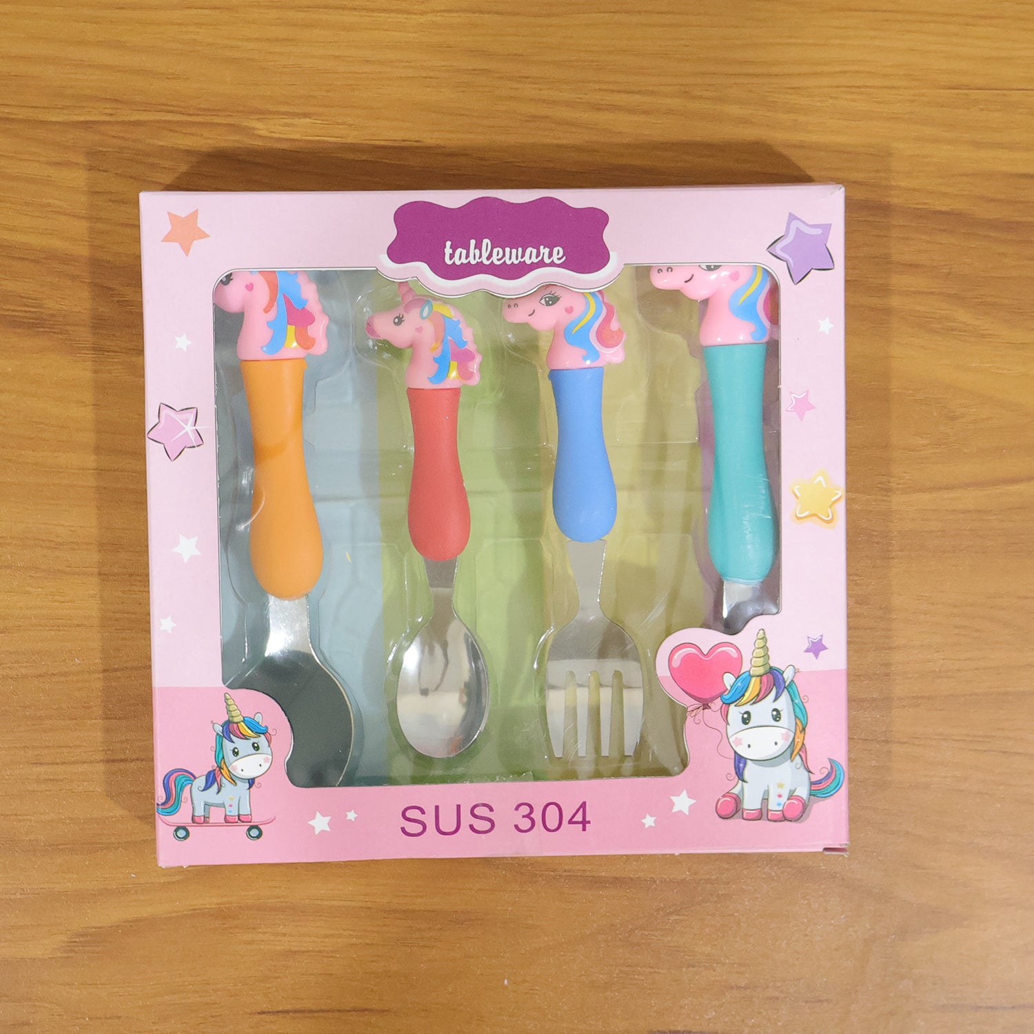 Wukusy unicorn theme kids spoon and fork set with colorful plastic handles, includes four pieces for children’s meals