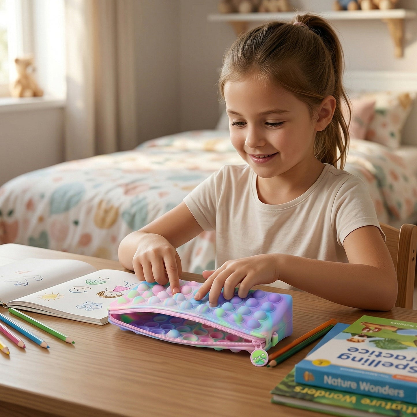 Multicolor Pop It silicone pencil pouch for kids, 21x10 cm, featuring playful pop-it bubbles, by Wukusy.