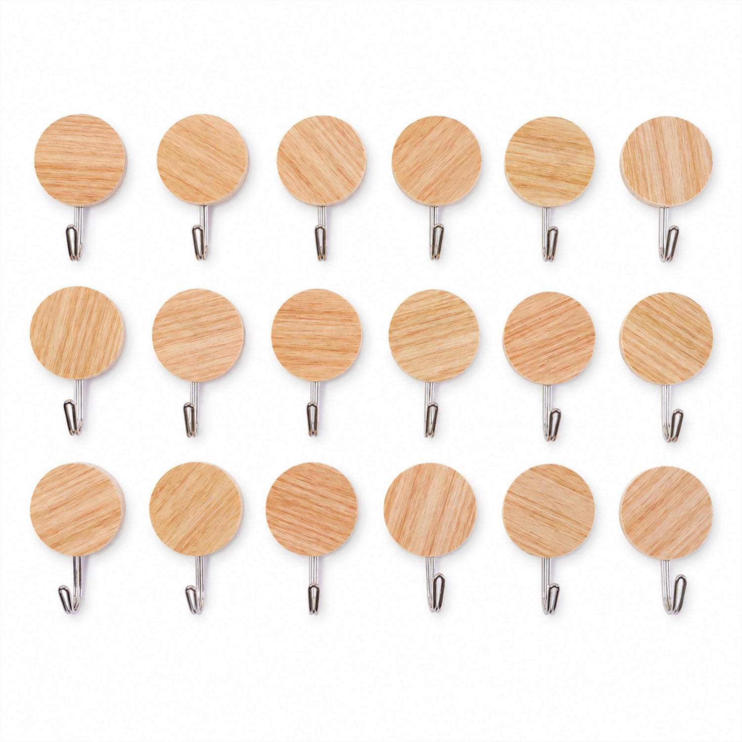Set of 18 Wukusy self-adhesive wall hooks with a wooden look, strong sticky hangers, no drill needed for easy installation.
