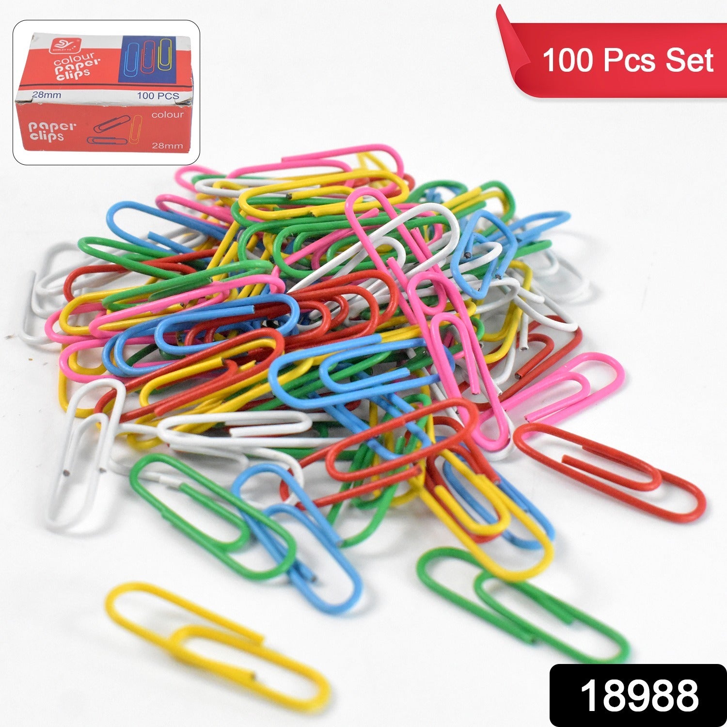 Set of 100 Wukusy metal U-shape paper clips, 28mm office paper clips arranged on a white background.
