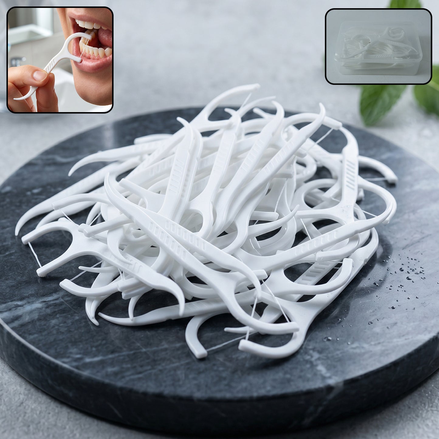 Wukusy 2-in-1 dental floss sticks set with teeth cleaning flosser and box, designed for effective oral hygiene and easy use