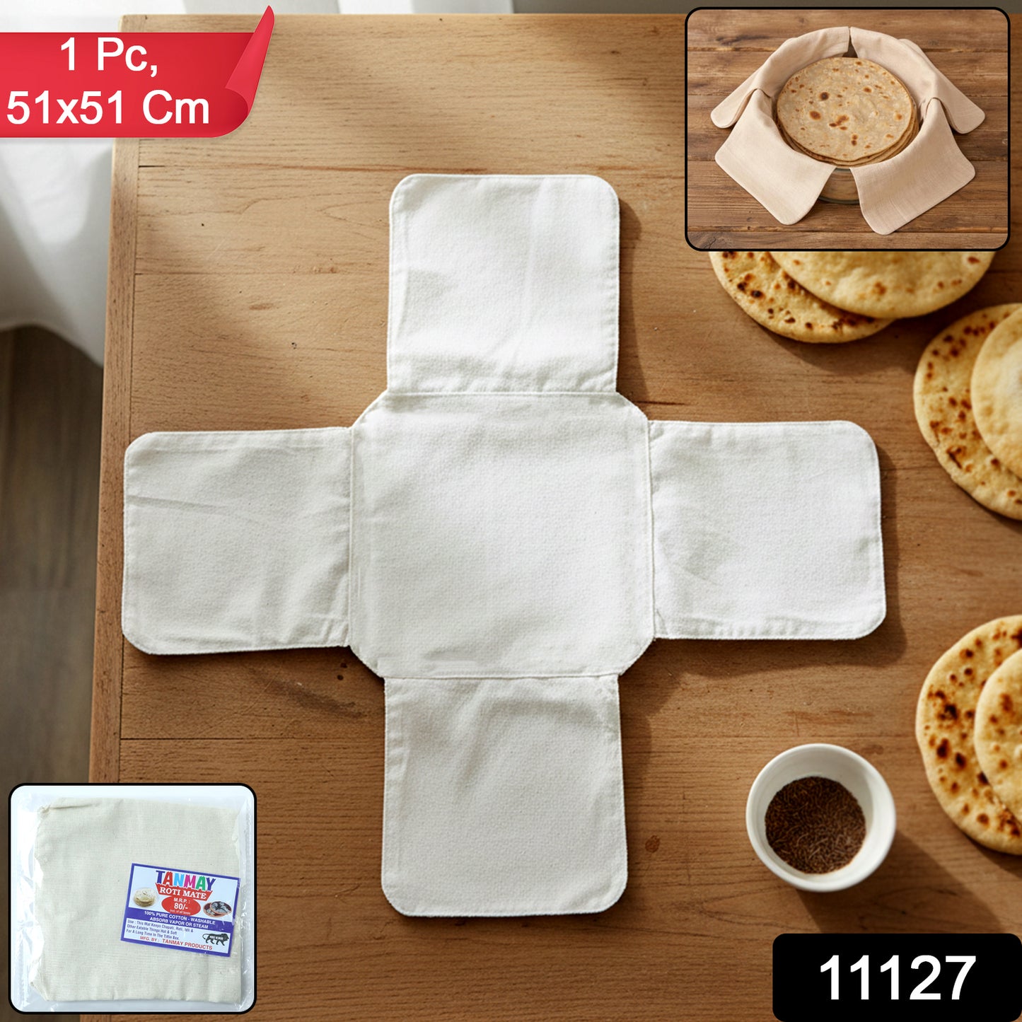 Wukusy pure cotton round roti cover cloth, 51x51 cm, used for covering and storing freshly made roti or bread.