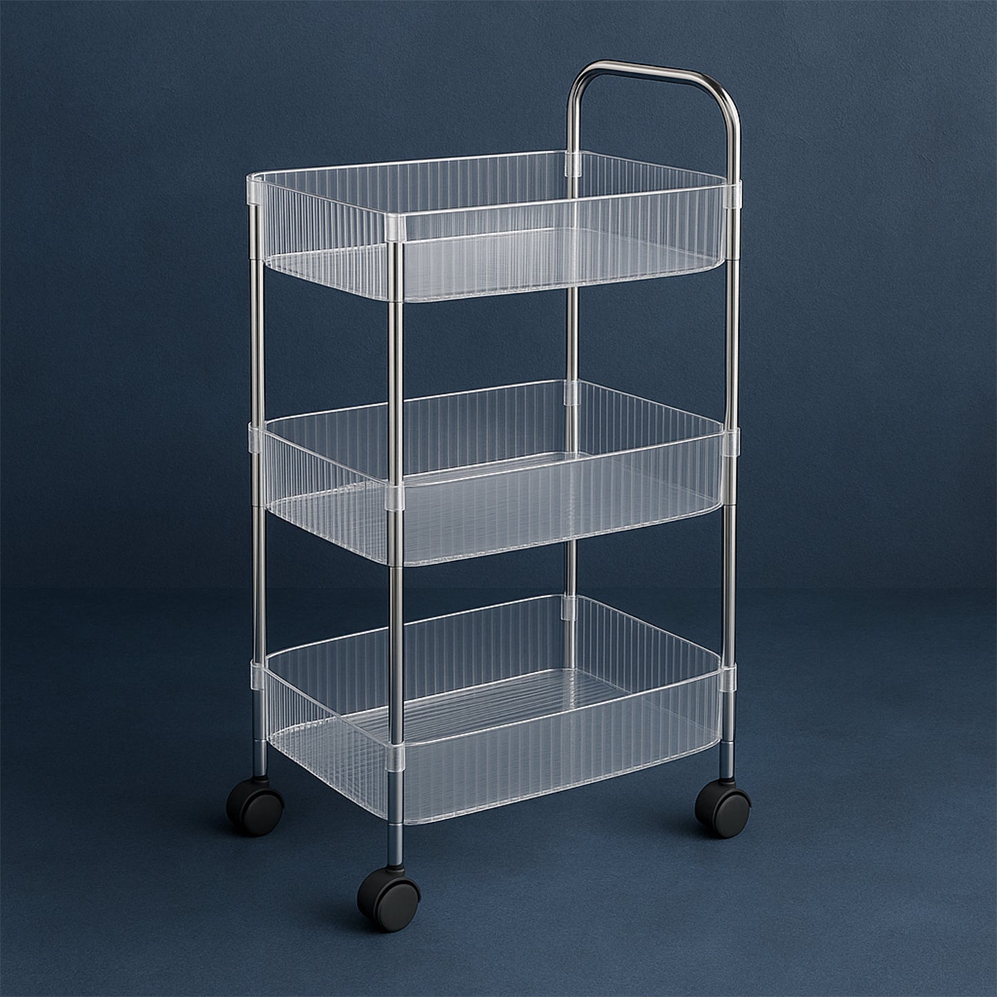 Wukusy Apex Sapphire 3-layer multipurpose storage trolley with wheels, featuring three spacious shelves and sturdy frame.
