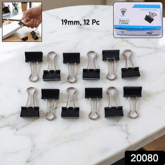 Set of 12 black metal binder clips, 19mm size, from Wukusy, arranged in a row on a white background.