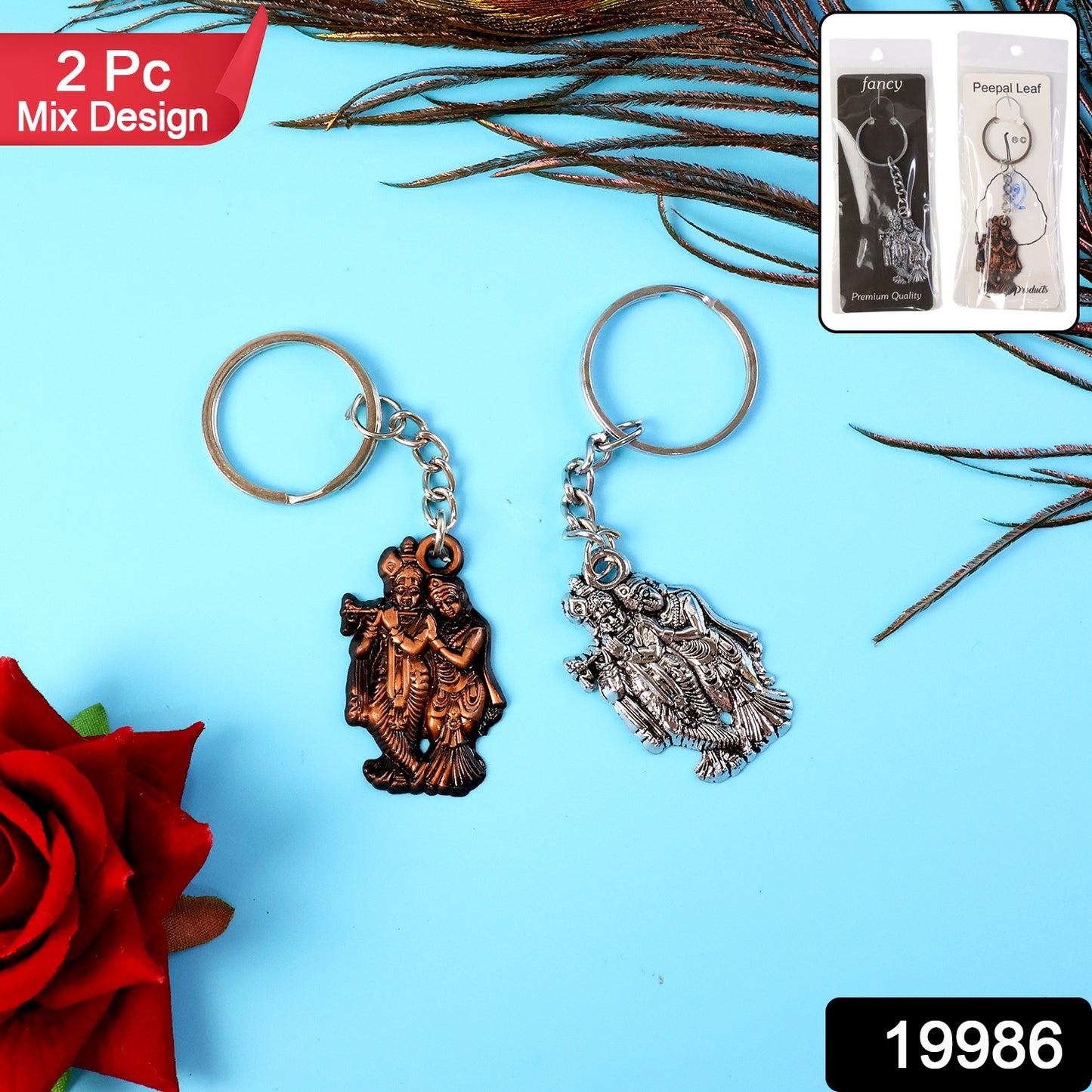 Wukusy Radha Krishna metal keychain set with two mix design keychains featuring Hindu deity imagery and intricate detailing.