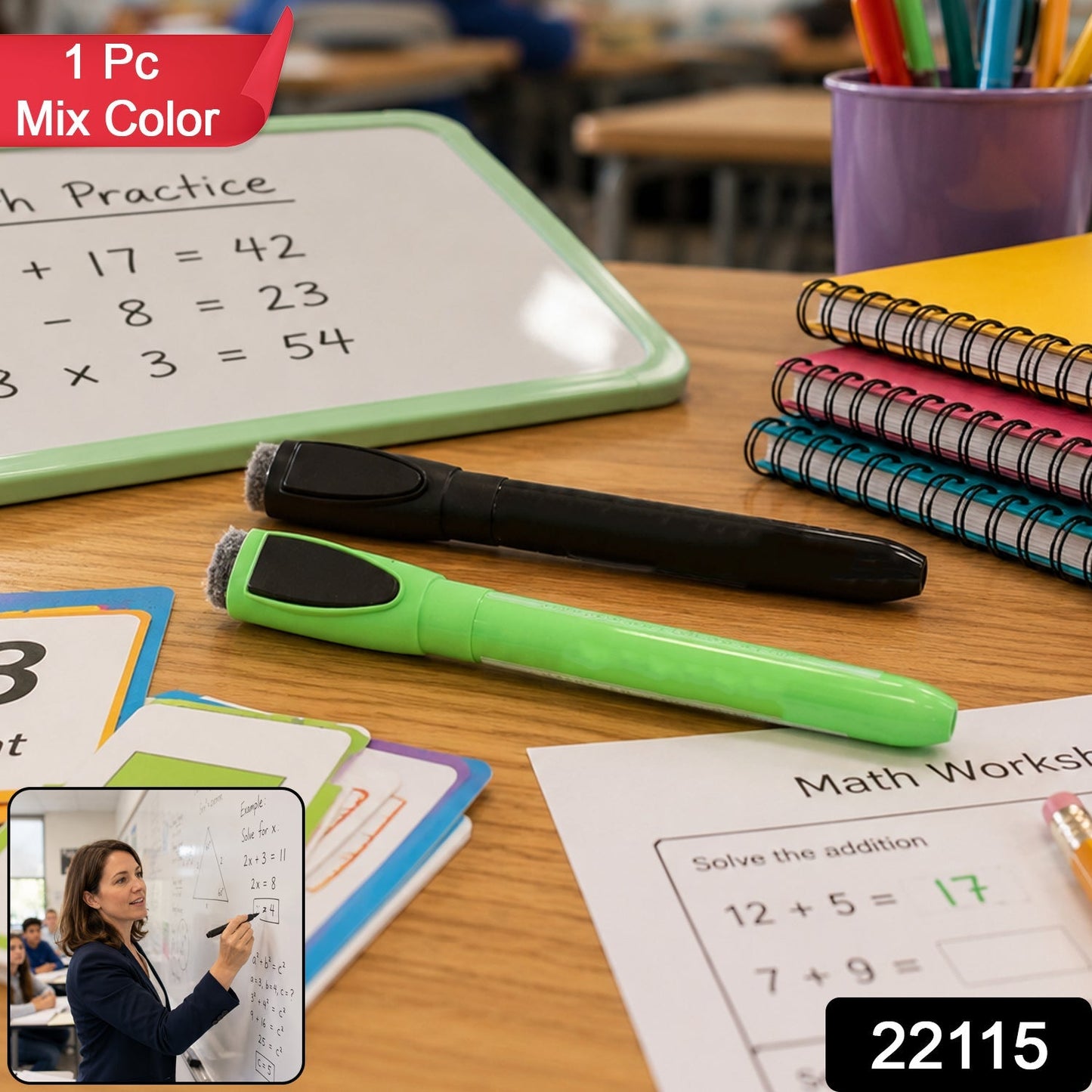 Wukusy mix color dry erase whiteboard marker with eraser cap, suitable for office and school use, displayed with cap on and colorful ink.