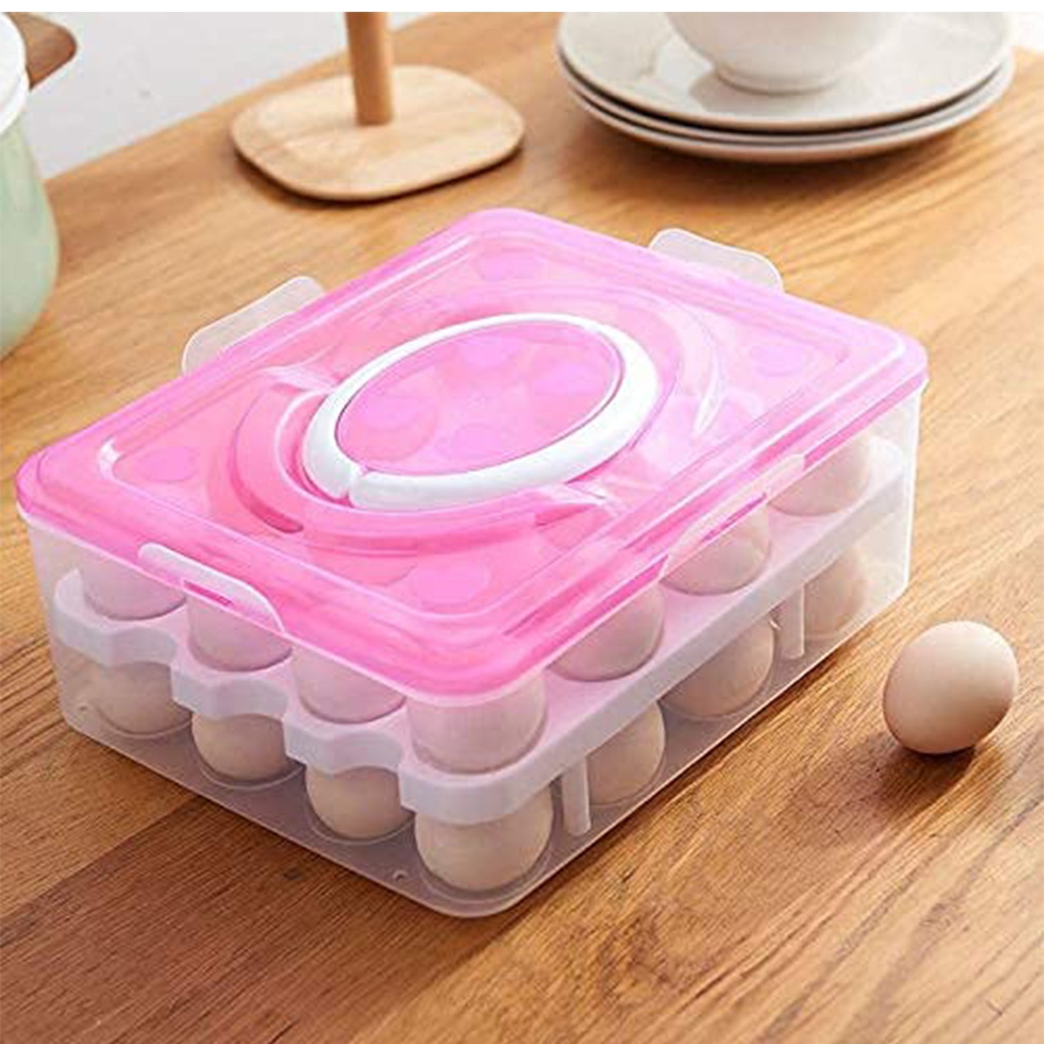 Wukusy 5725 2-layer 32-grid egg tray with lid, egg carrier holder for refrigerator and camping food storage, handle included