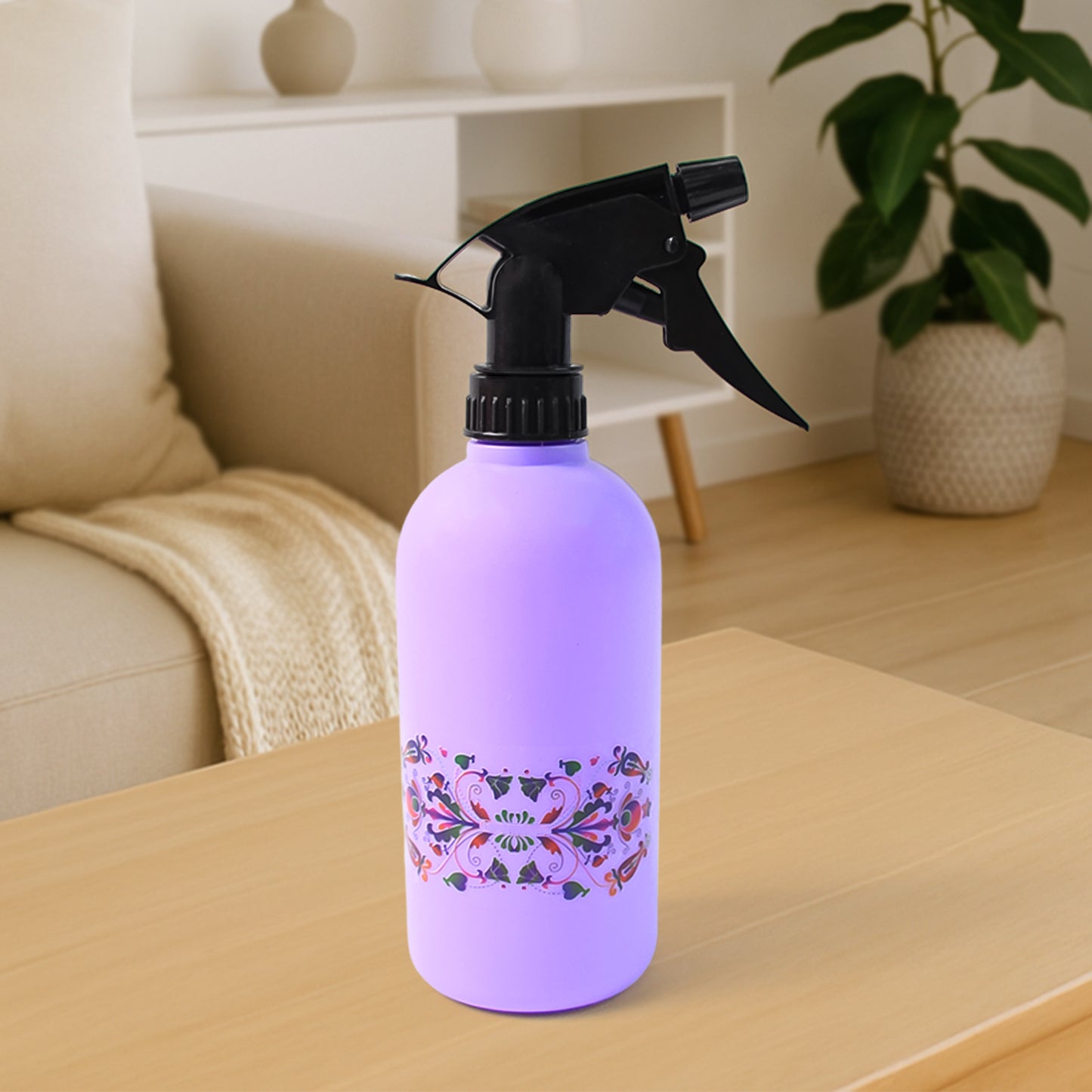 Wukusy floral printed 500ml plastic garden spray bottle with colorful floral design and adjustable nozzle for watering plants.