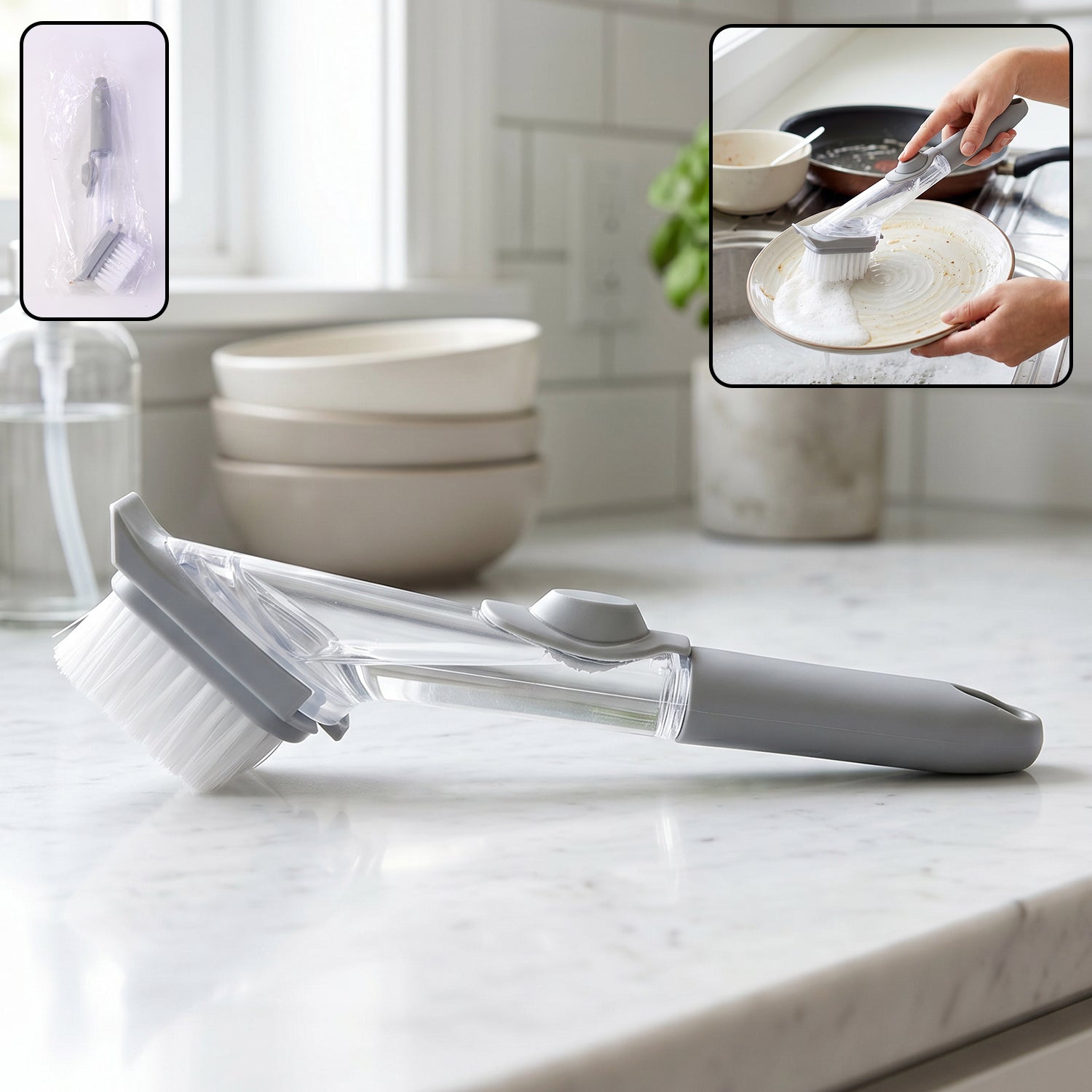 Refillable Wukusy soap dispensing dish scrub brush with ergonomic handle for kitchen cleaning, showing the brush and soap reservoir.