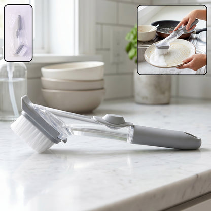 Refillable Wukusy soap dispensing dish scrub brush with ergonomic handle for kitchen cleaning, showing the brush and soap reservoir.