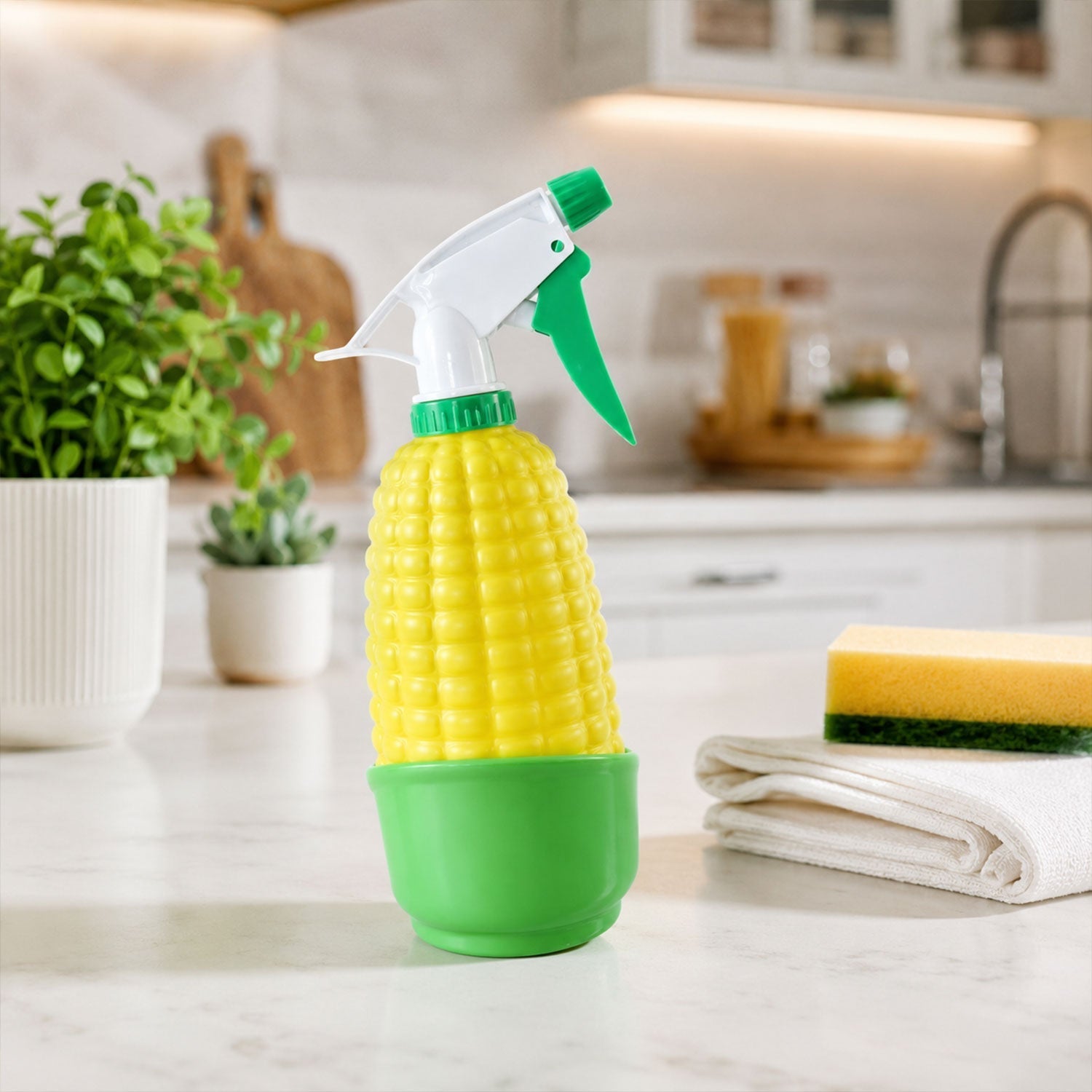 Wukusy corn-shaped trigger spray bottle for plants and cleaning, with a transparent water sprayer and ergonomic handle.