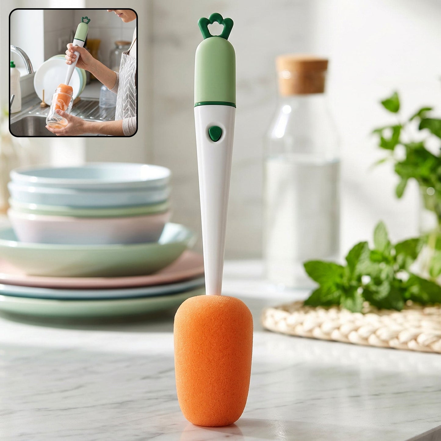 Wukusy 3-in-1 carrot-shaped cleaning brush with sponge for cups and flasks, ideal for thorough cleaning of beverage containers.