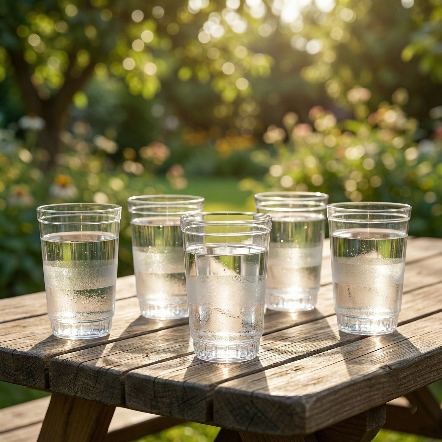 Set of six transparent Wukusy Janta drinking glasses, 300ml capacity, showcasing clear glass design and smooth rims.