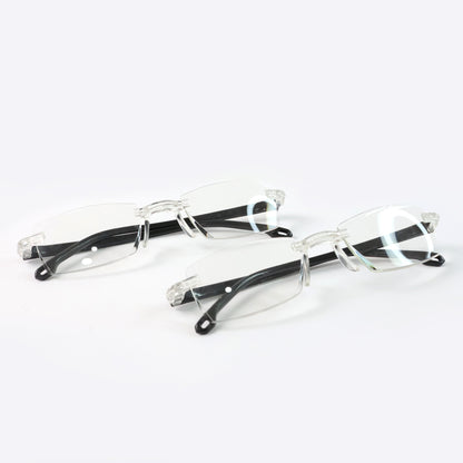 Pack of 2 Wukusy rimless reading glasses showcasing lightweight, comfortable design with clear lenses.