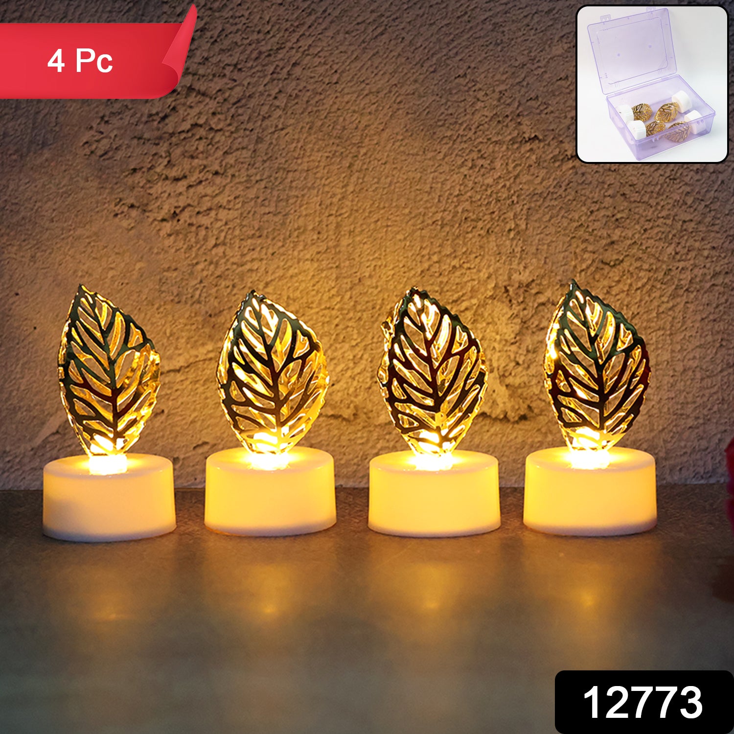 Set of four Wukusy decorative golden leaf-shaped flameless LED candles for elegant home decor lighting.