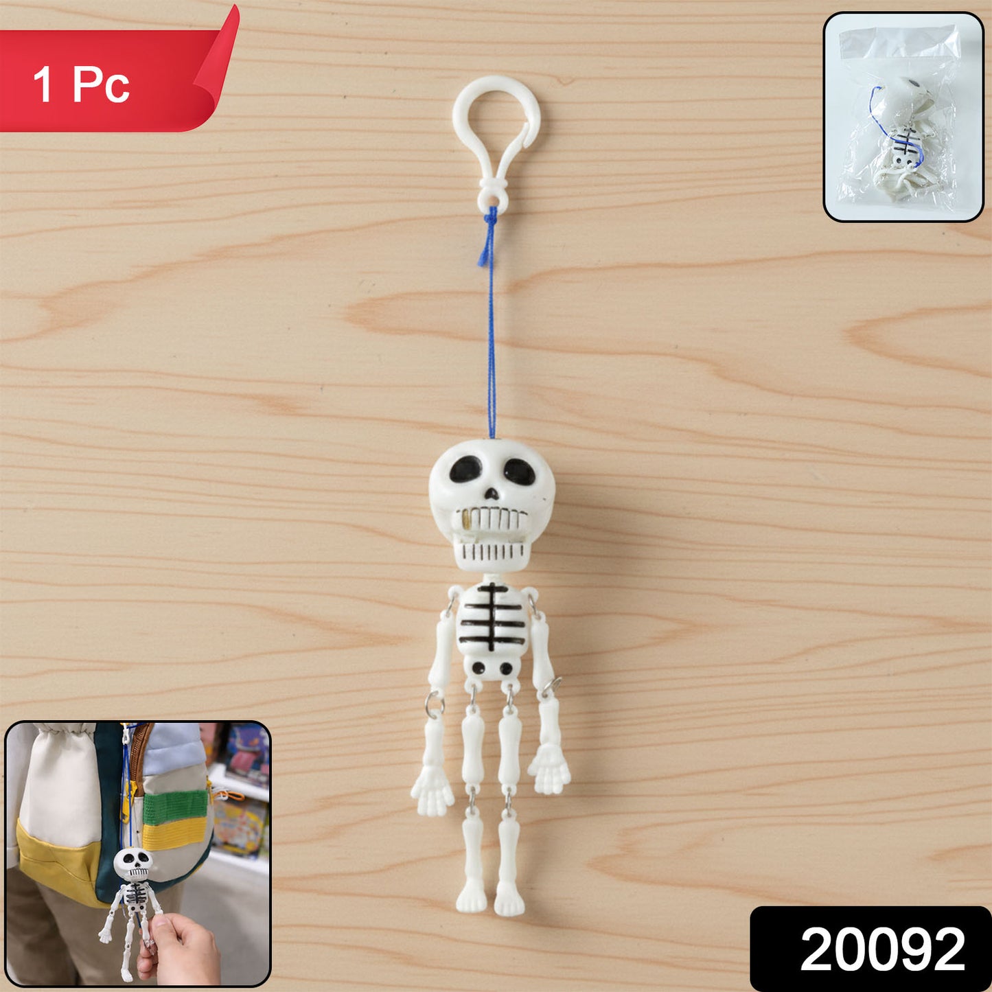 Wukusy hanging skeleton doll keychain featuring a detailed skeleton figure attached to a metal keyring.