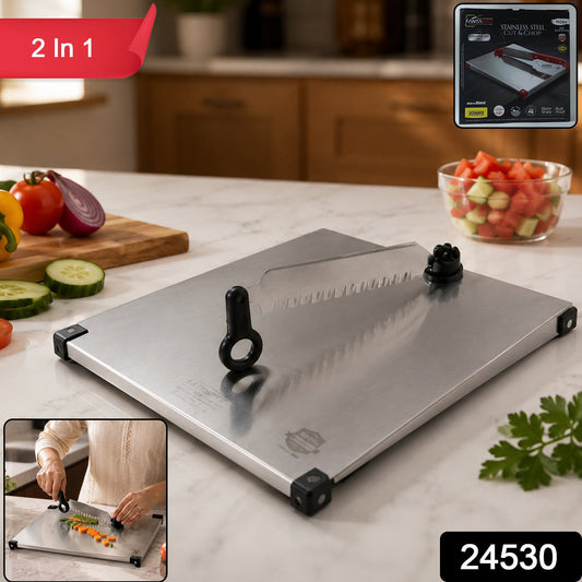 Wukusy stainless steel 2-in-1 cutting and chopping board with knife, kitchen tool for slicing and chopping food easily.