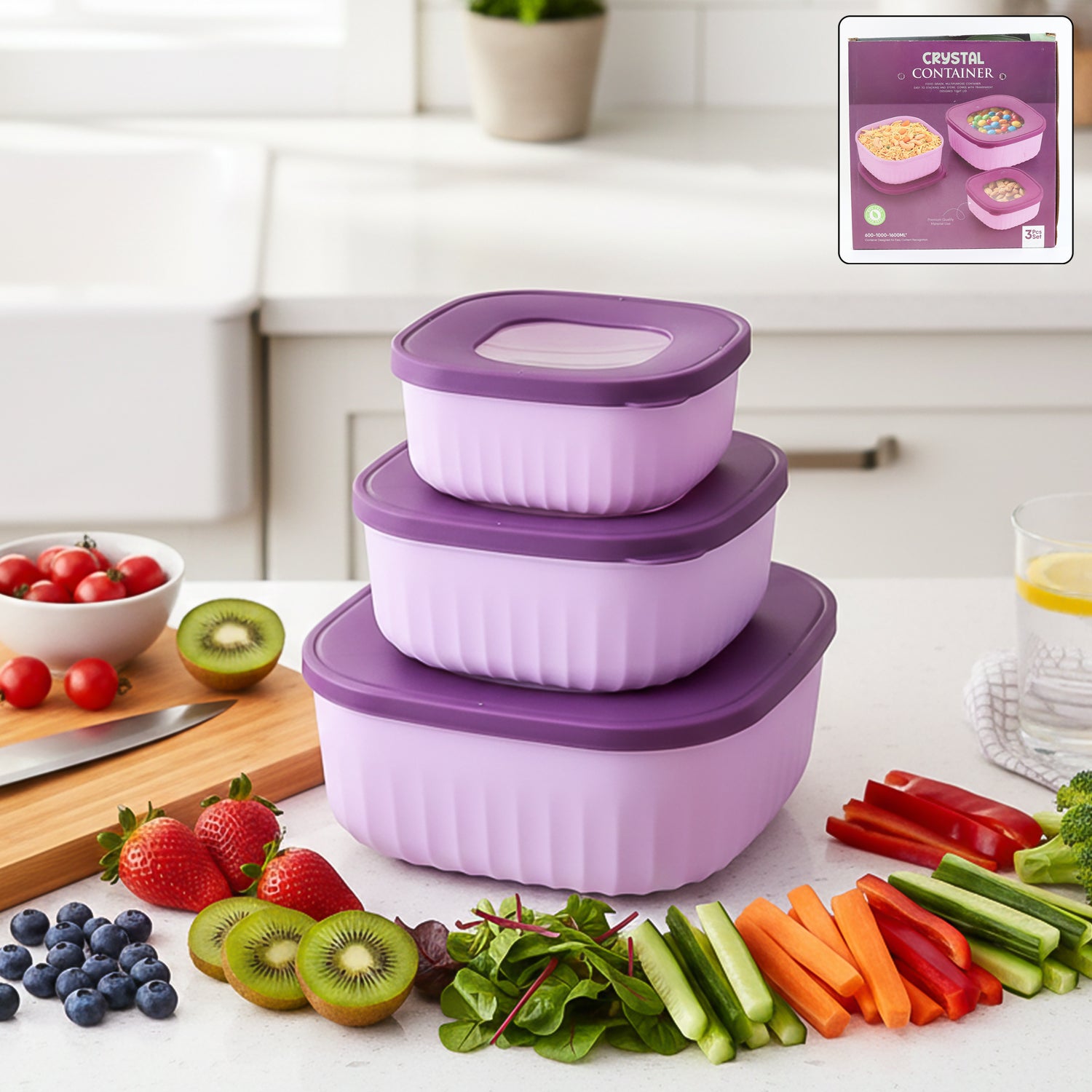 Set of three Wukusy premium food storage containers in clear plastic with lids, ideal for kitchen organization and freshness.