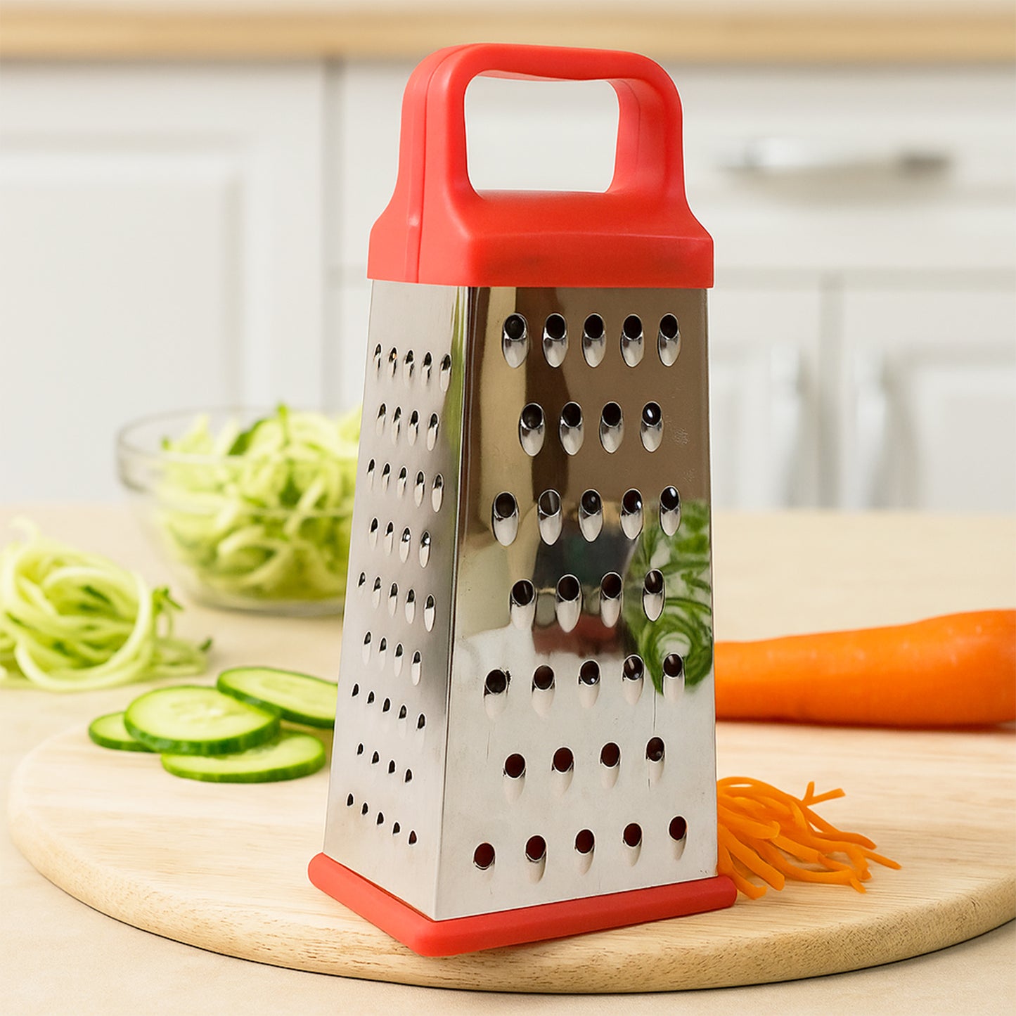 Wukusy Supermom 5-in-1 stainless steel grater and slicer for kitchen prep, with multiple blades for versatile food grating and slicing.