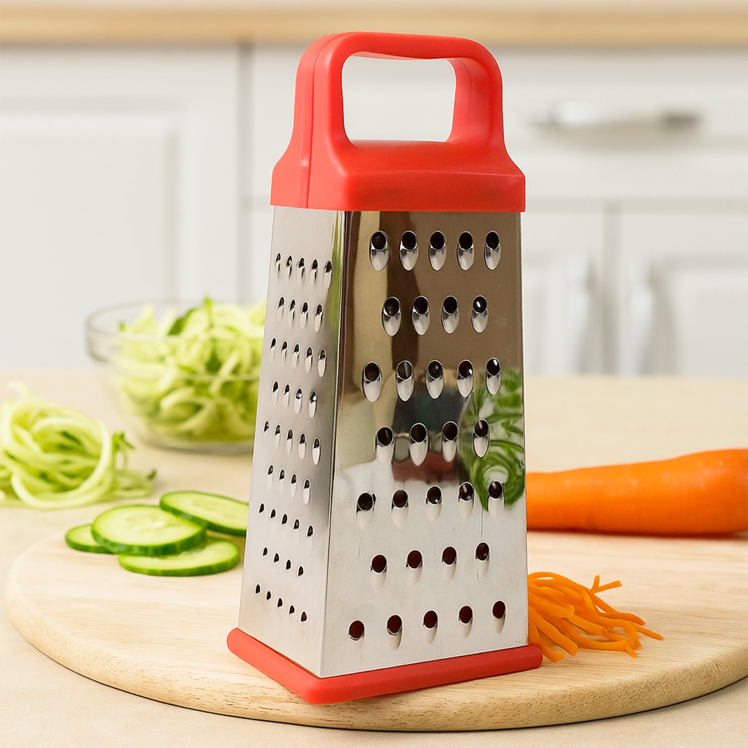 Wukusy Supermom 5-in-1 stainless steel grater and slicer for kitchen prep, with multiple blades for versatile food grating and slicing.