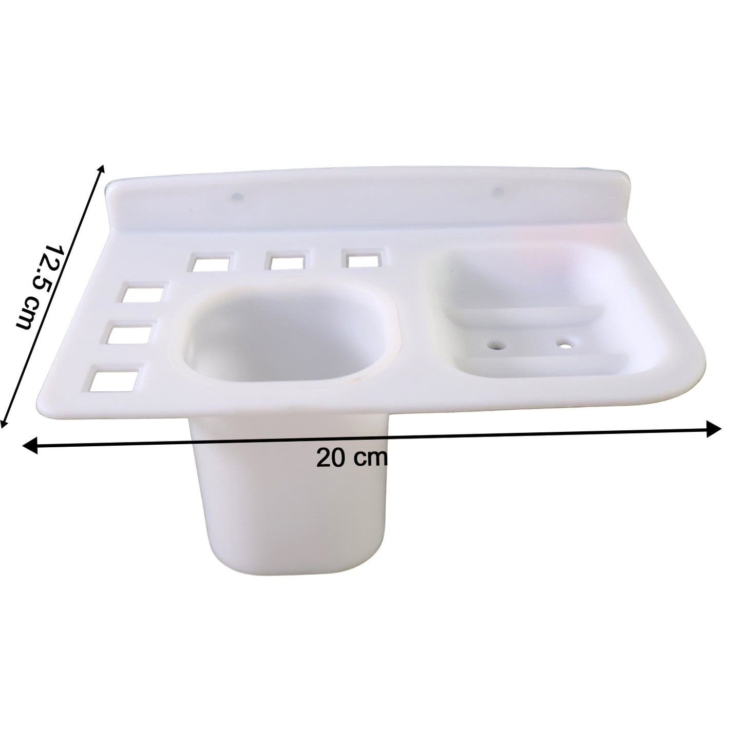Wall-mounted Wukusy 3-in-1 multi-compartment toothbrush and soap holder with cup for bathroom organization.