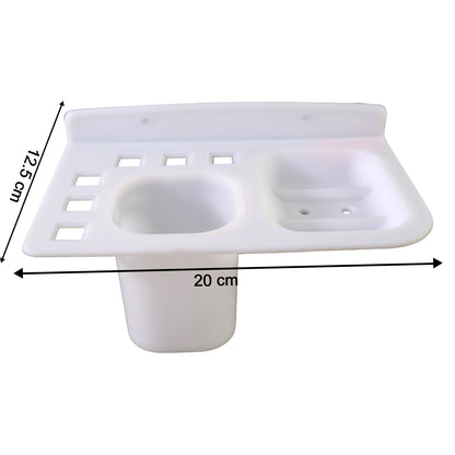 Wall-mounted Wukusy 3-in-1 multi-compartment toothbrush and soap holder with cup for bathroom organization.