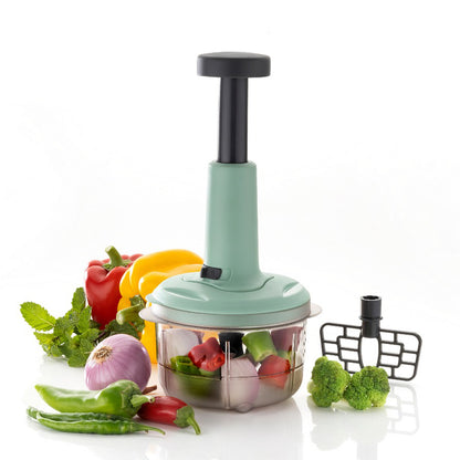 Wukusy 5102 2-in-1 manual food chopper with 800ml stainless steel blade for chopping fruits, vegetables, herbs, and onions.