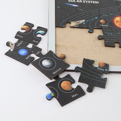 Wooden Solar System puzzle for kids by Wukusy, featuring colorful planets and space-themed toy for educational play.