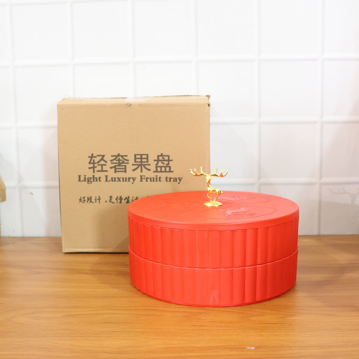 Wukusy 2-layer decorative dry fruit and snack serving tray with compartments for dry fruits and snacks.