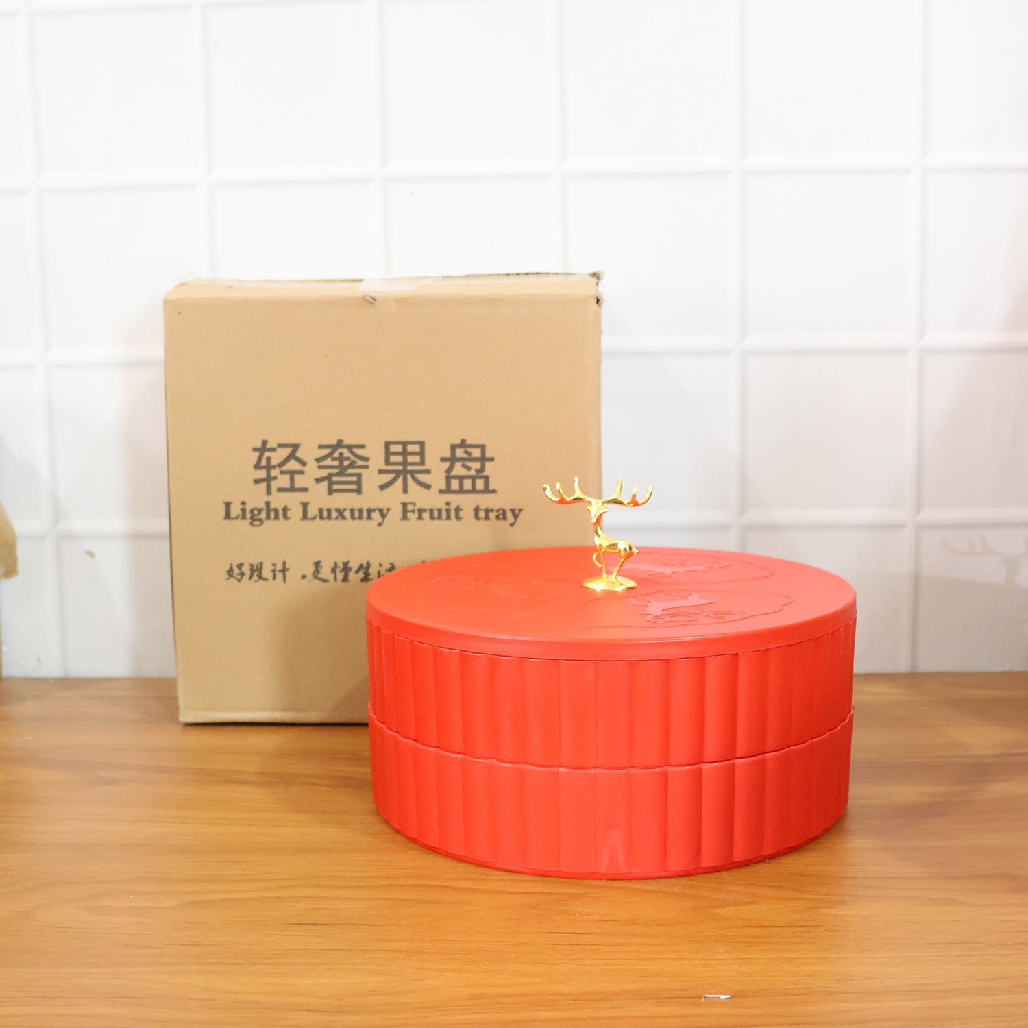 Wukusy 2-layer decorative dry fruit and snack serving tray with compartments for dry fruits and snacks.