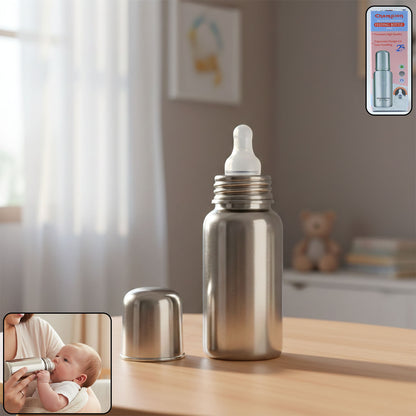 Stainless steel baby feeding bottle with 200ml capacity from Wukusy, featuring a clear silicone nipple and eco-friendly design.
