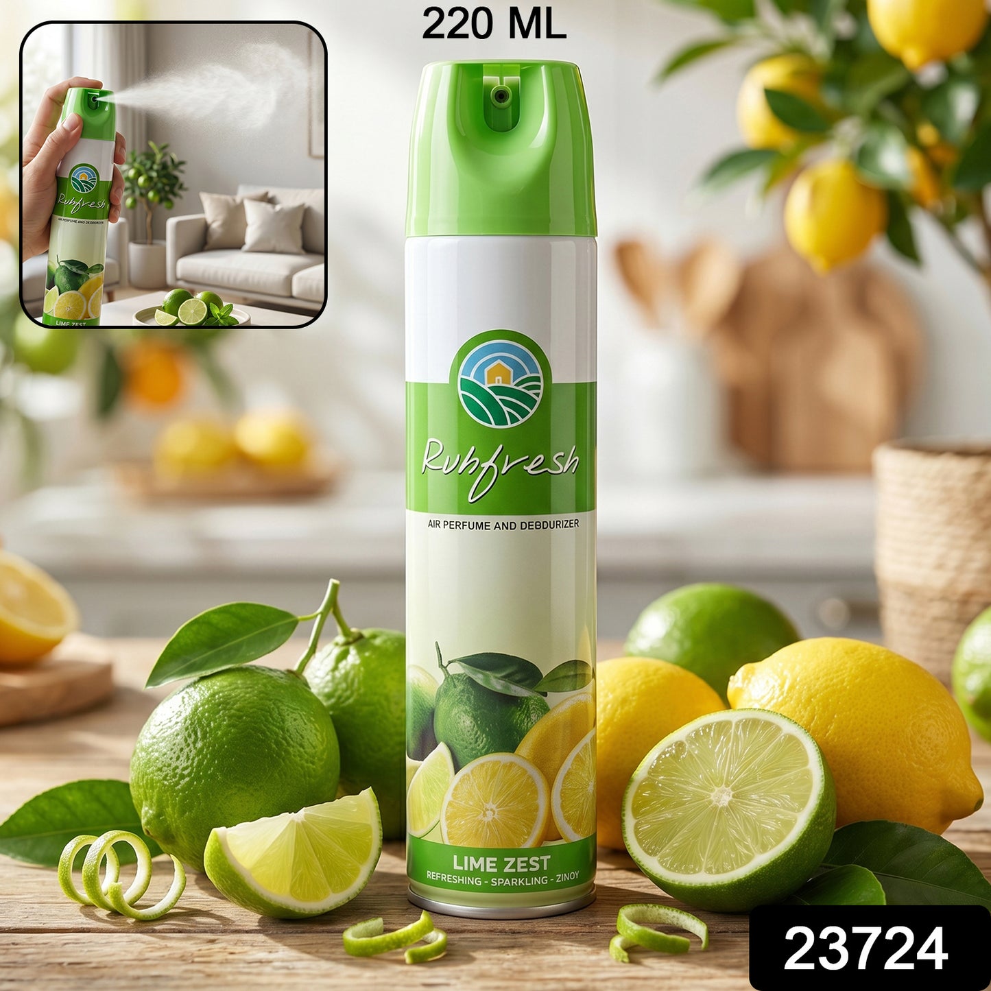Wukusy Lime Zest air freshener spray bottle, 220 ml, with fresh lime and citrus scent visible in the image