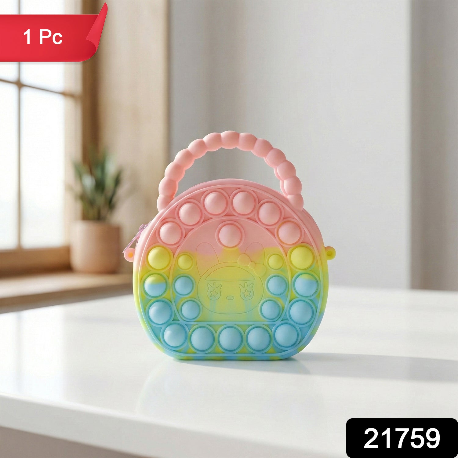 Rainbow round silicone Pop It coin purse by Wukusy with colorful, soft silicone bubbles and compact coin storage.