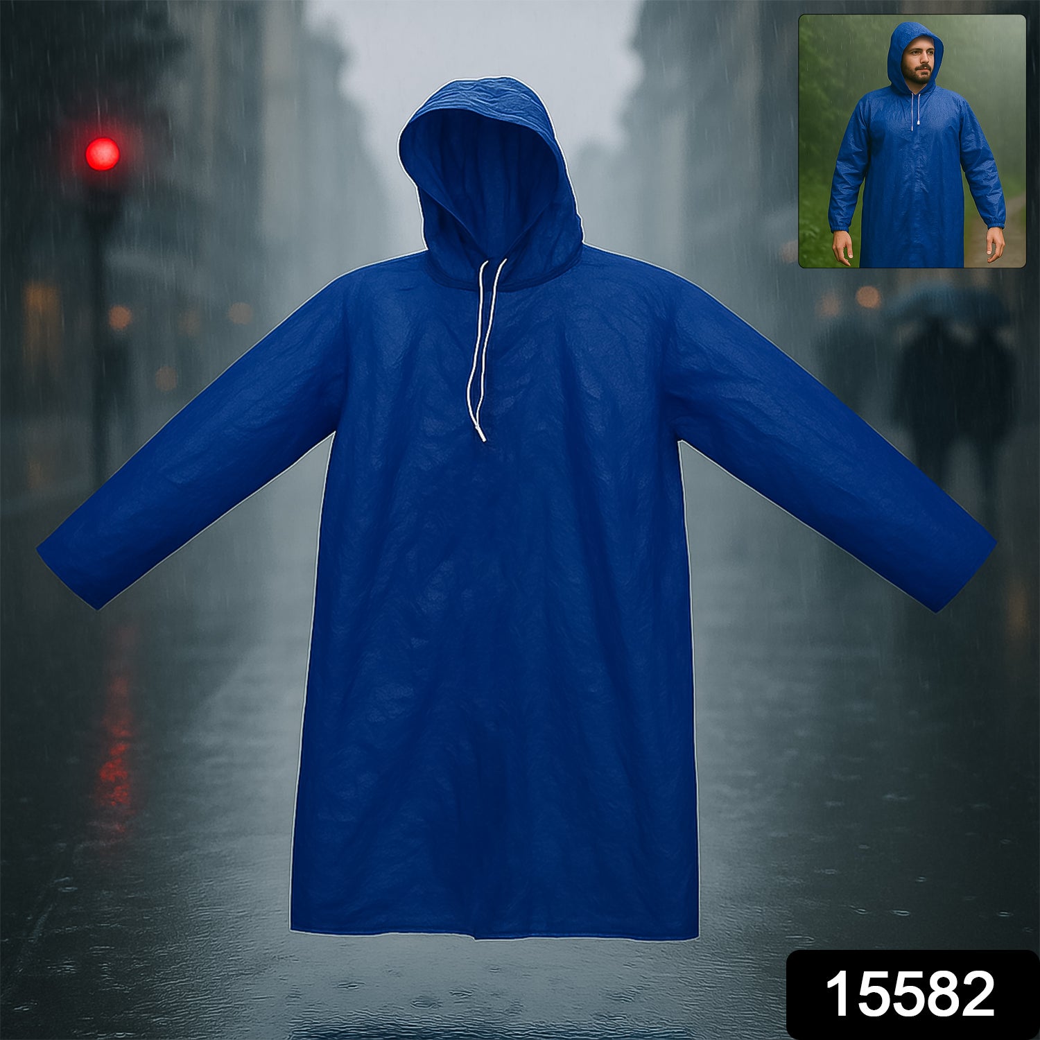 Wukusy men's large waterproof raincoat with hood, durable and rain-resistant, shown hanging with front zipper and adjustable drawstrings.