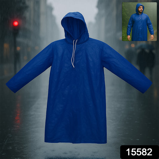 Wukusy men's large waterproof raincoat with hood, durable and rain-resistant, shown hanging with front zipper and adjustable drawstrings.