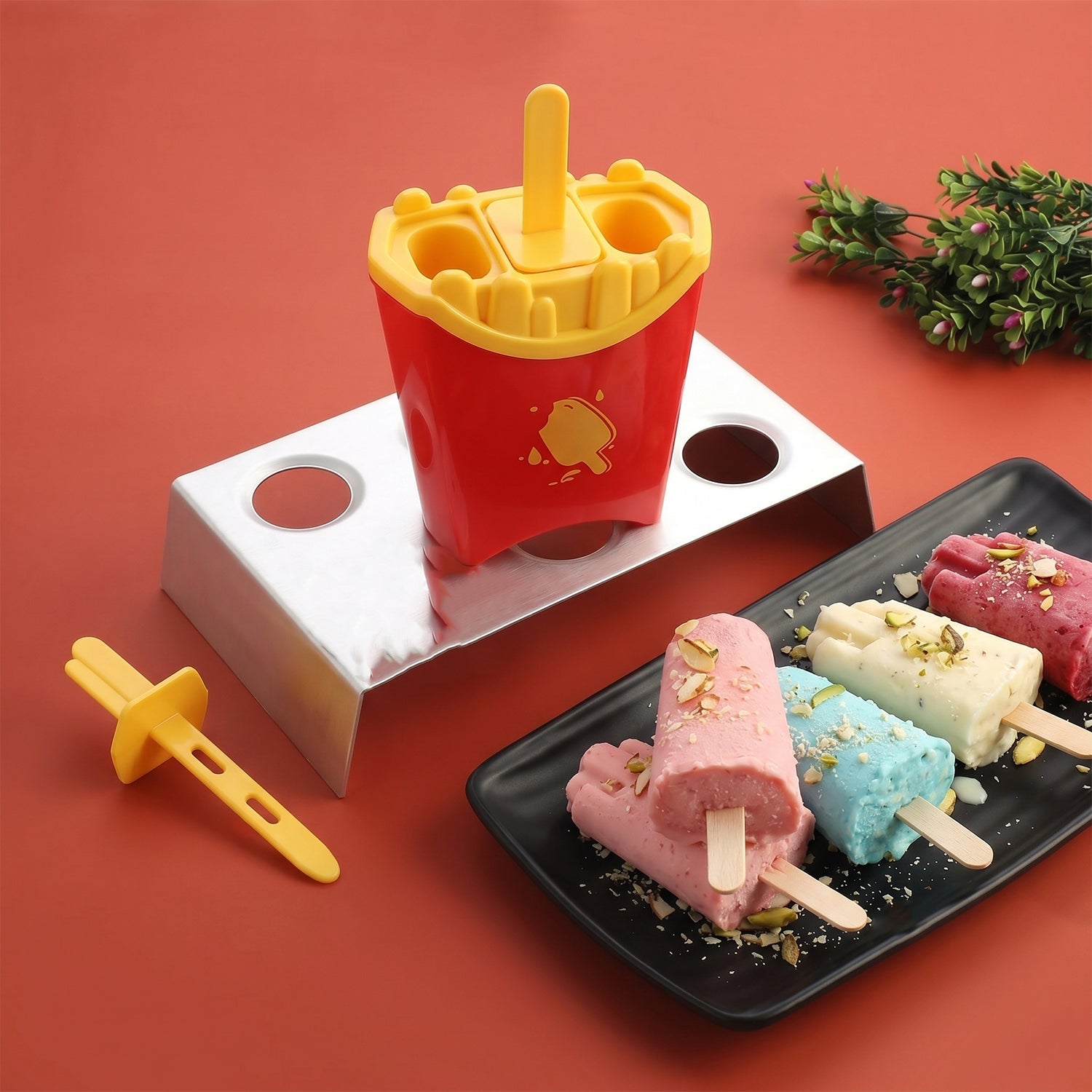 Wukusy French fries shape ice popsicle mould set with 3 reusable kulfi ice cream molds on a white background