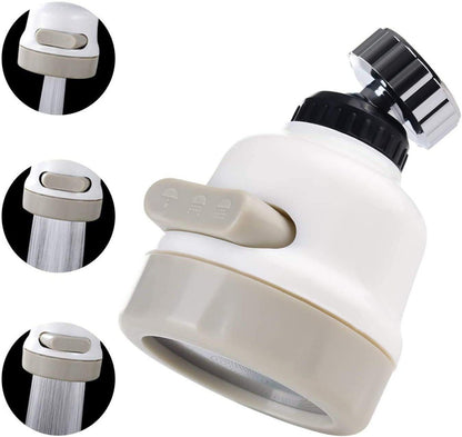 Wukusy 1589 rotatable splash-proof water-saving faucet sprayer with three modes and filter, attached to a kitchen sink faucet.