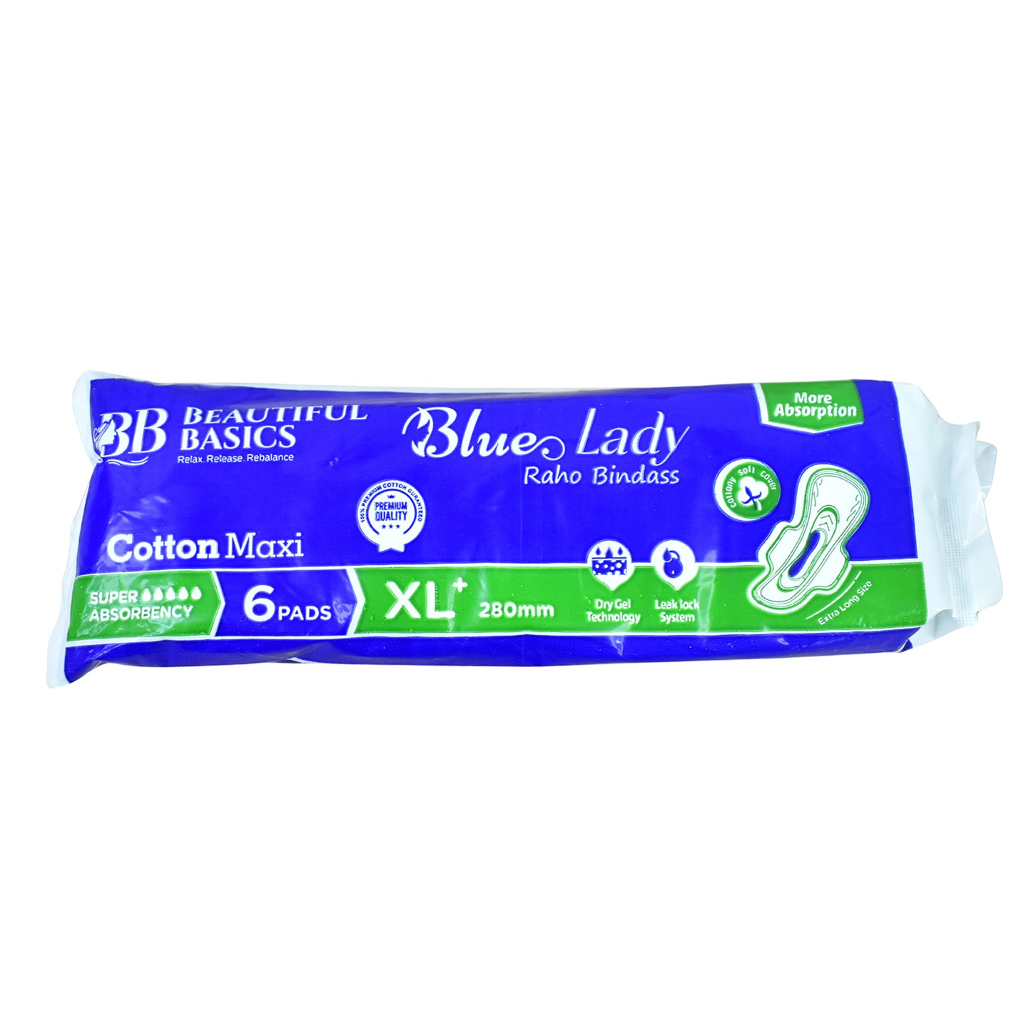 Wukusy Beautiful Basics Blue Lady sanitary pads XL 280mm, 6-pack, for health care, with absorbent surface and secure fit.
