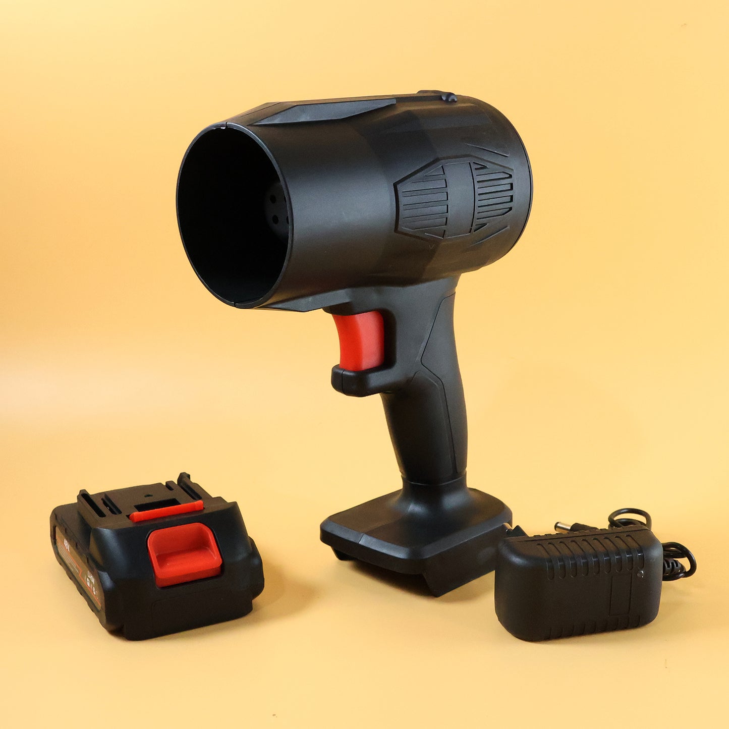 Wukusy high-power cordless leaf blower with rechargeable battery, showing the fan and battery in a close-up image.