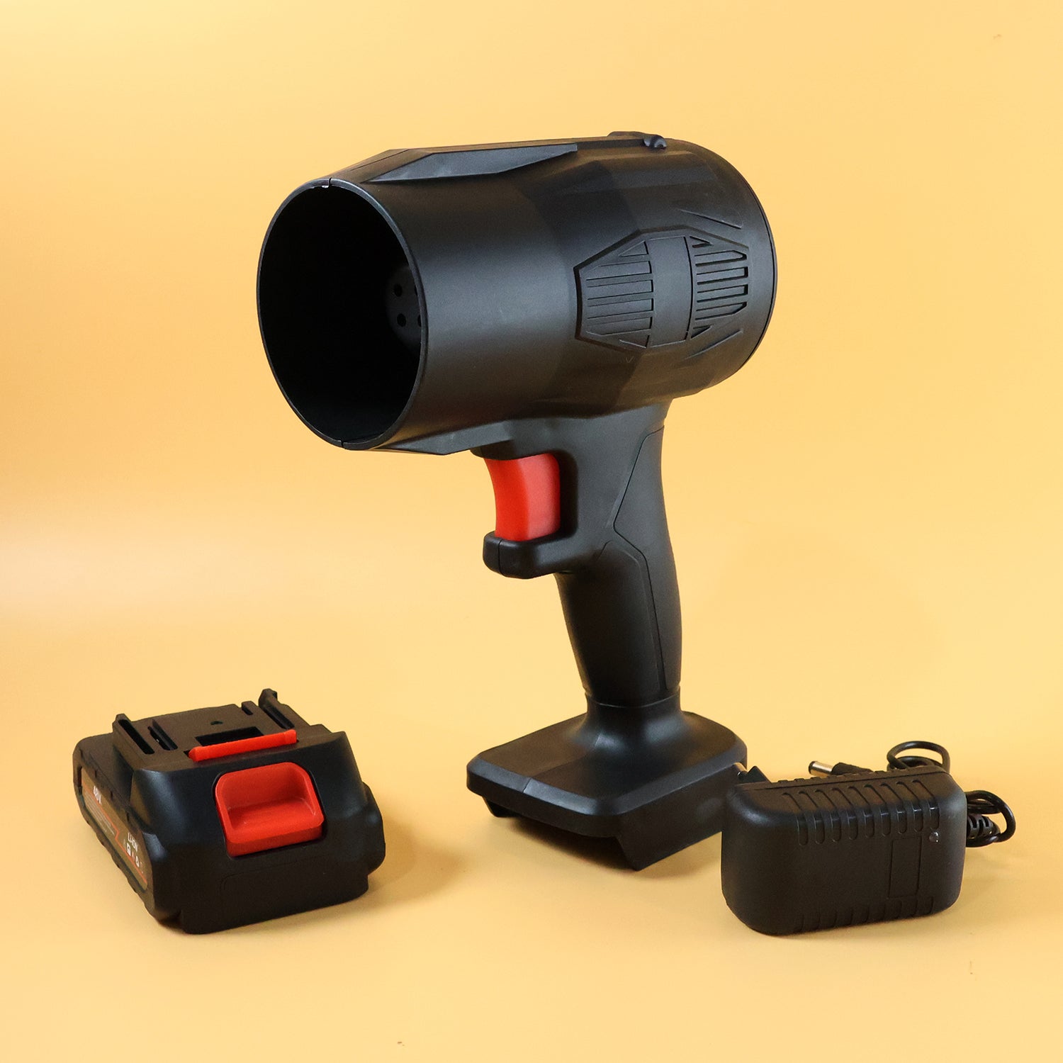 Wukusy high-power cordless leaf blower with rechargeable battery, showing the fan and battery in a close-up image.