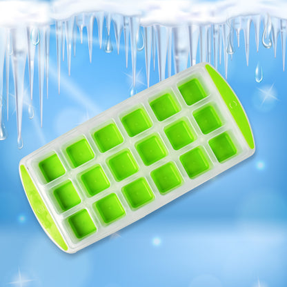Wukusy 18-cavity silicone ice cube tray with easy-release flexible bottom, stackable, BPA-free food-grade freezer ice tray.