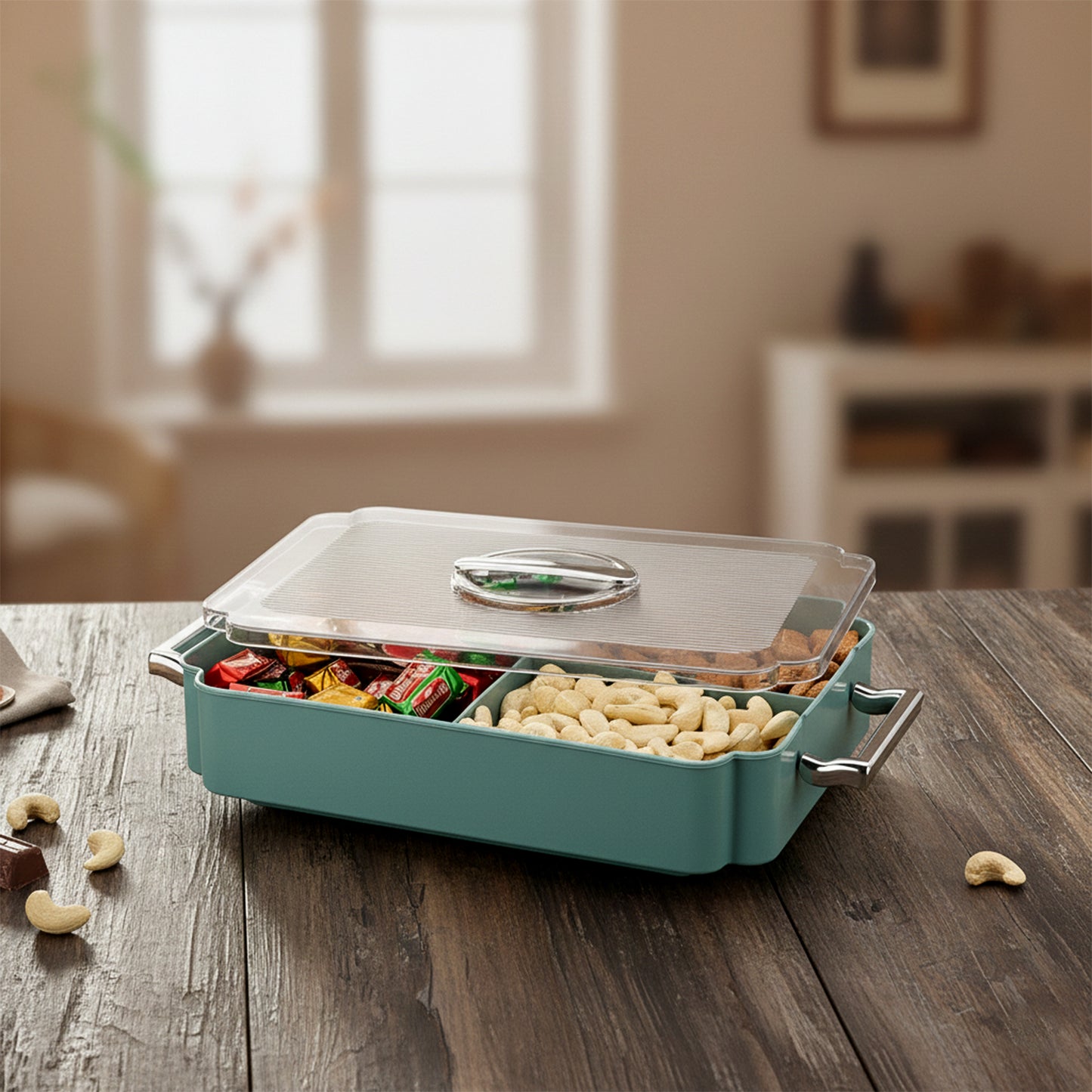 Wukusy 4-compartment plastic food storage container for organizing meals and snacks, with a clear lid and divided sections.