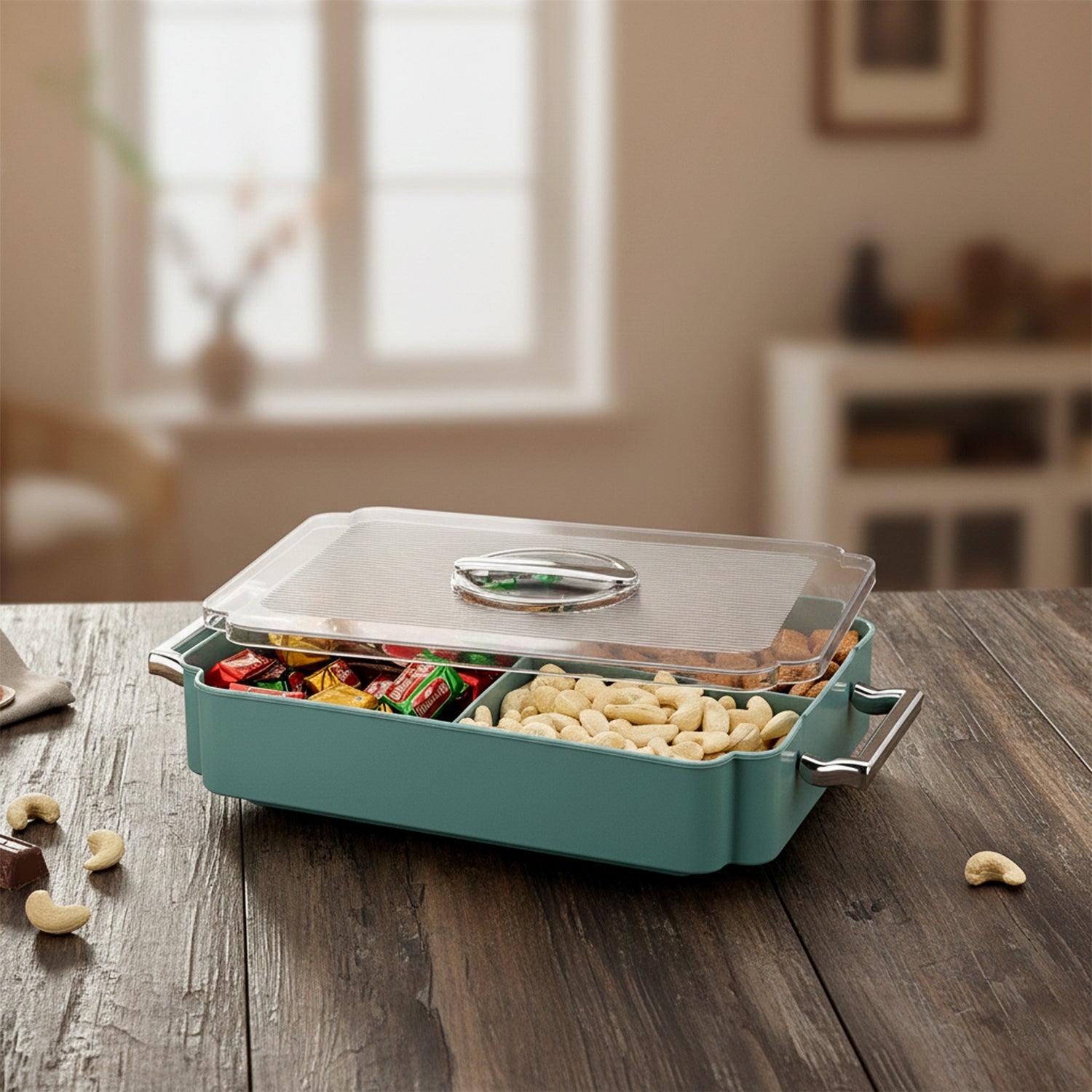 Wukusy 4-compartment plastic food storage container for organizing meals and snacks, with a clear lid and divided sections.