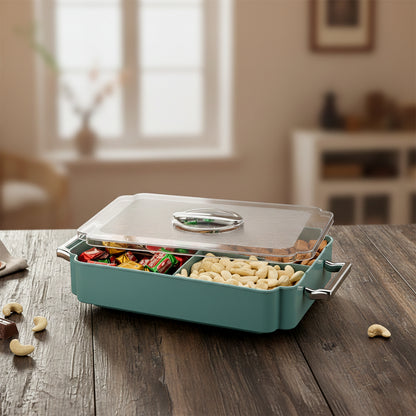 Wukusy 4-compartment plastic food storage container for organizing meals and snacks, with a clear lid and divided sections.